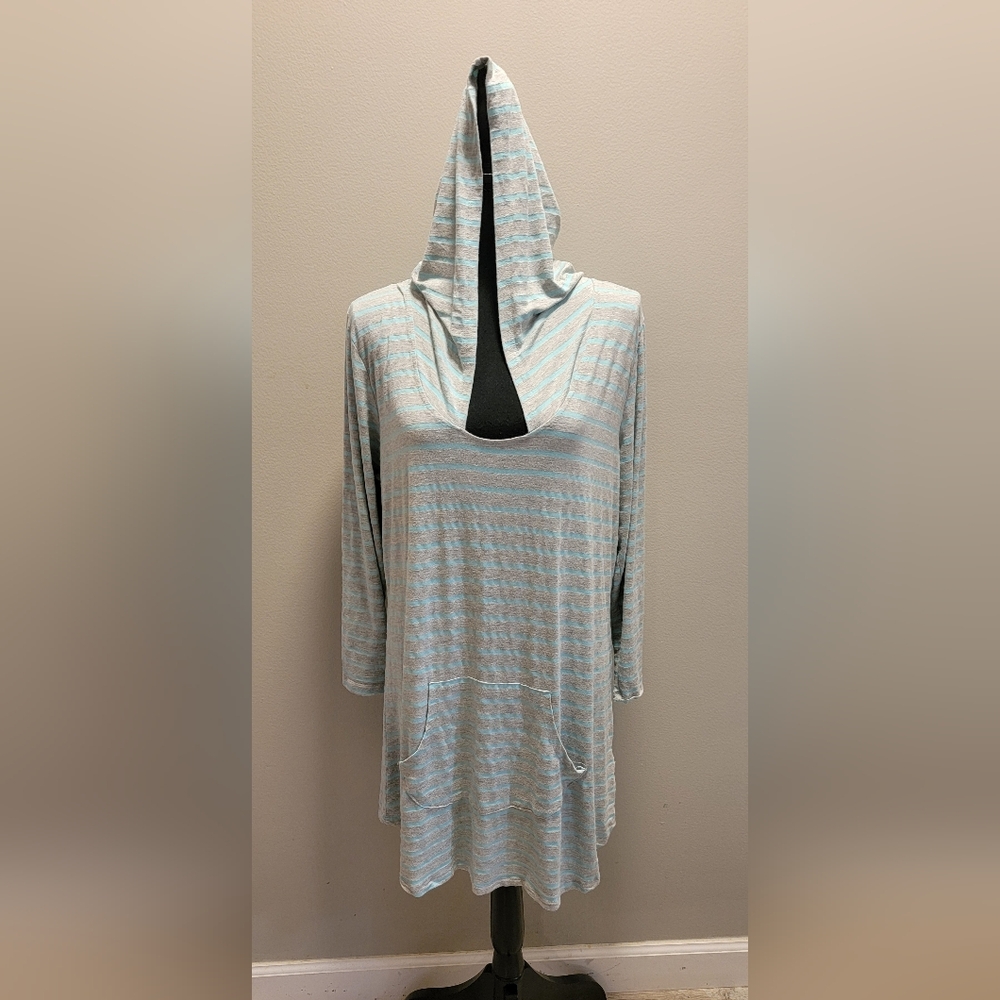 Sandiva Chic Striped Gray and Aqua Hooded Coverup